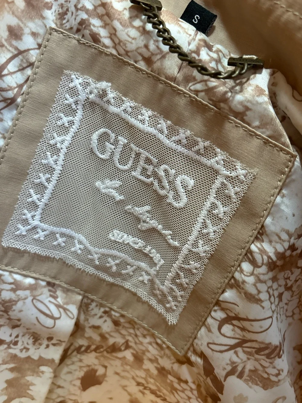 Y2K Vintage Guess Khaki Button Down Ruffle Hem Long Sleeve Belted Trench Jacket